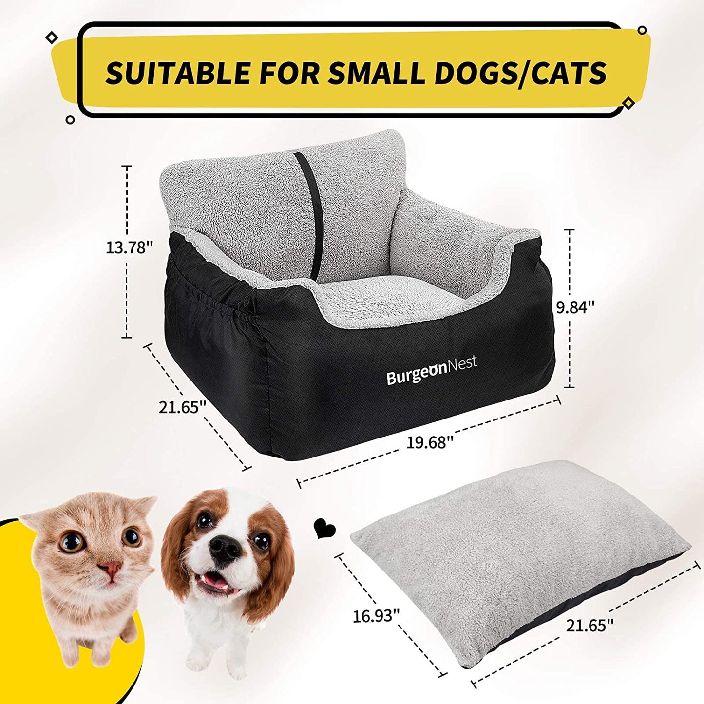 Black dog car seat booster for small dogs under 25 pounds with storage pockets, clip-on leash, and washable design shown ready for safe pet travel