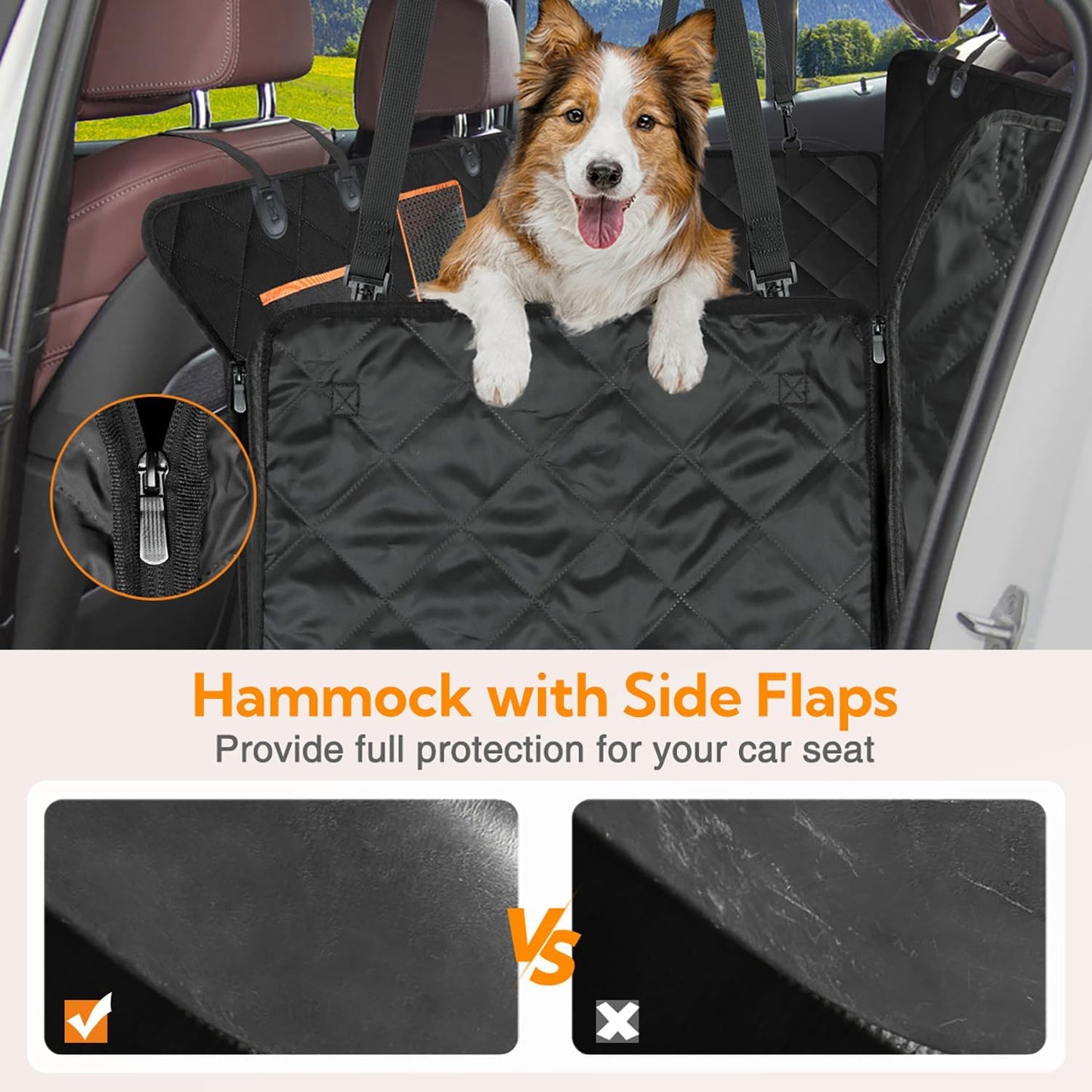 Waterproof dog car seat cover showing full vehicle interior protection
