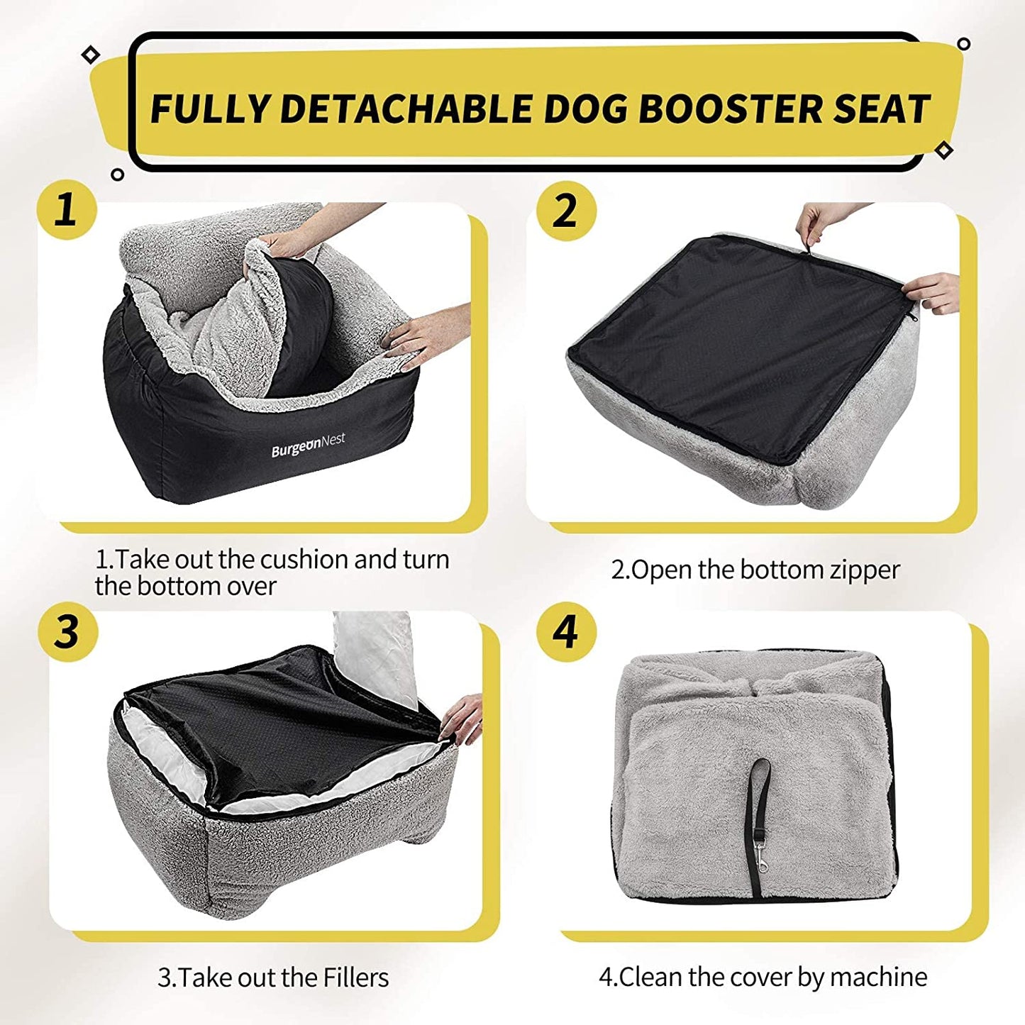 Black dog car seat booster for small dogs under 25 pounds with storage pockets, clip-on leash, and washable design shown ready for safe pet travel