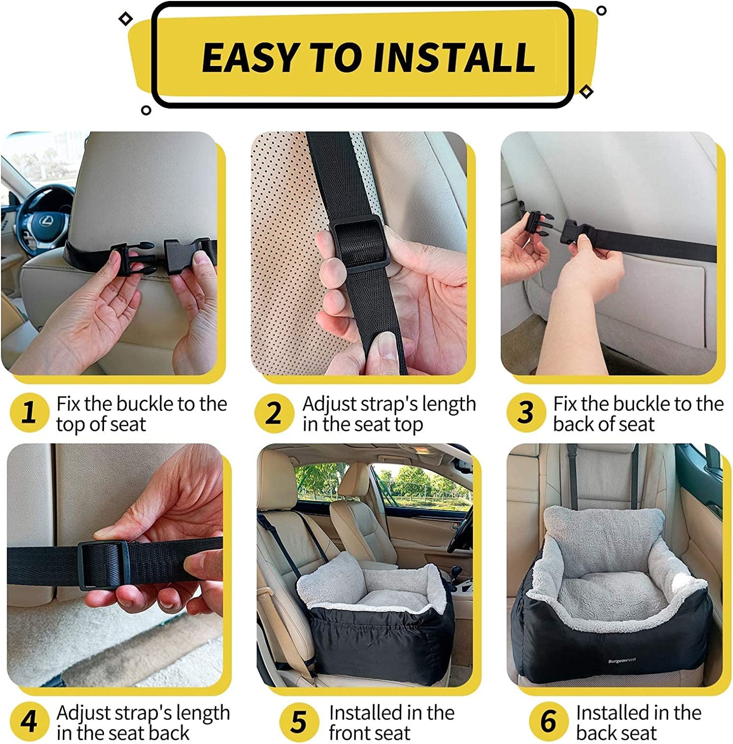 Black dog car seat booster for small dogs under 25 pounds with storage pockets, clip-on leash, and washable design shown ready for safe pet travel