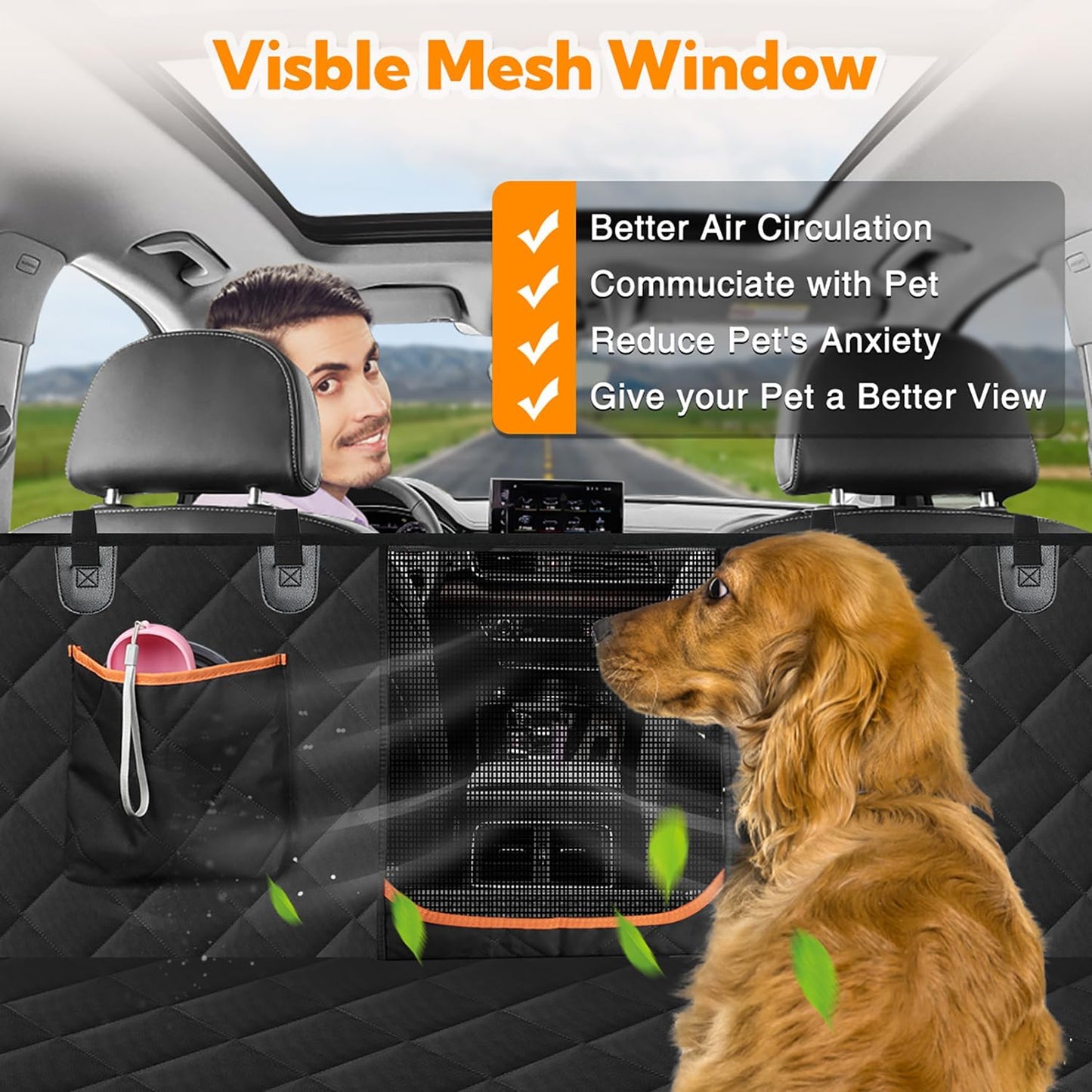 Waterproof dog car seat cover showing full vehicle interior protection