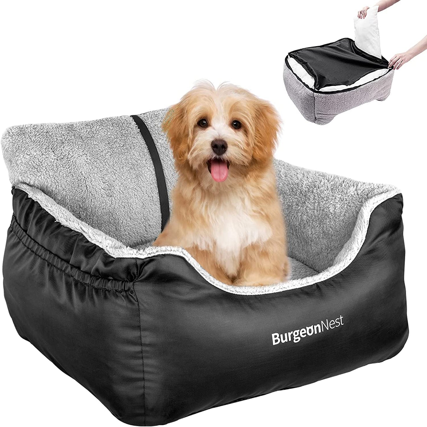 Black dog car seat booster for small dogs under 25 pounds with storage pockets, clip-on leash, and washable design shown ready for safe pet travel