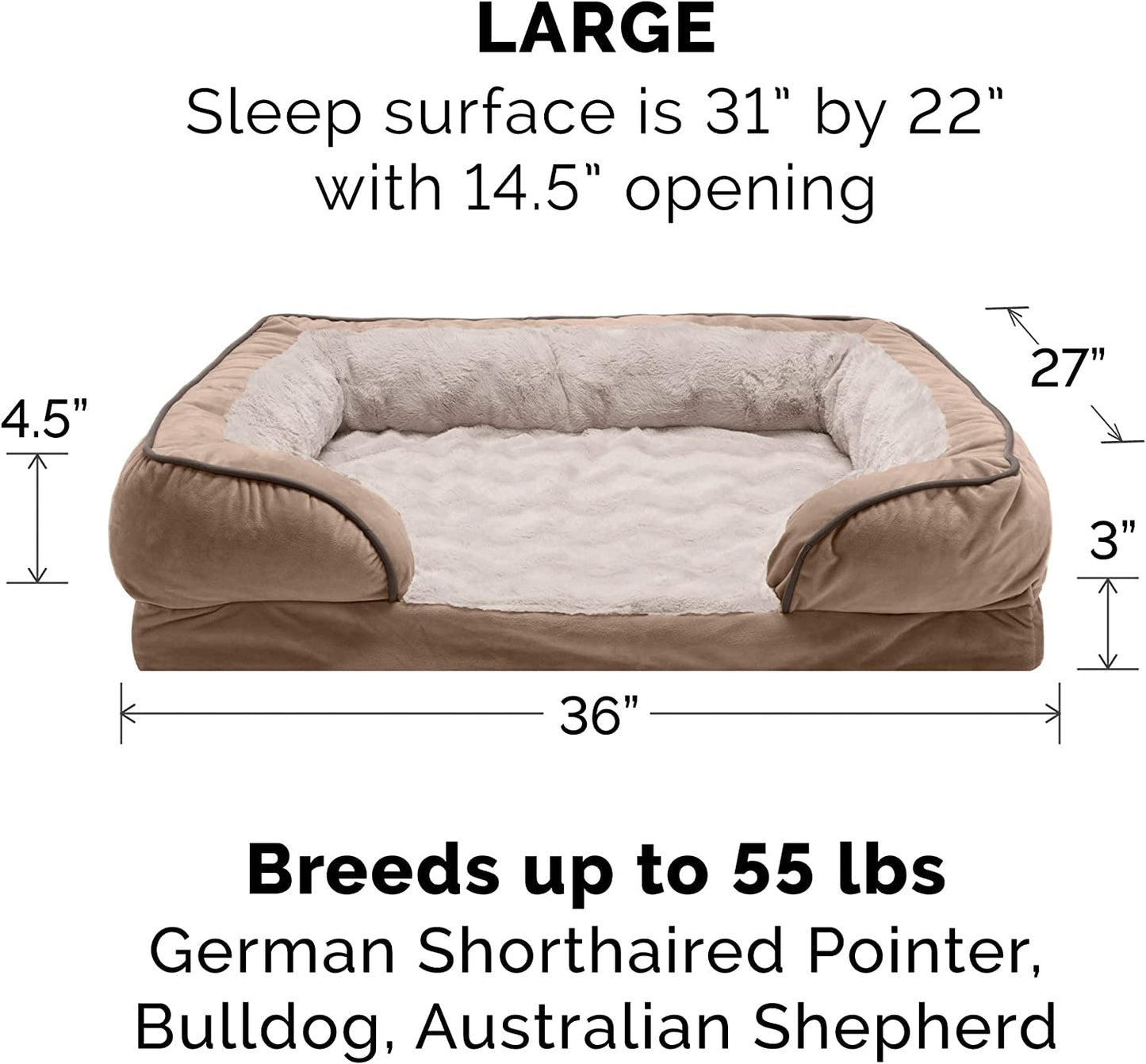 Brownstone plush and velvet waves replacement dog bed cover in sofa-style design, machine washable, fits 36x27x3 inch foam inserts for large dogs
