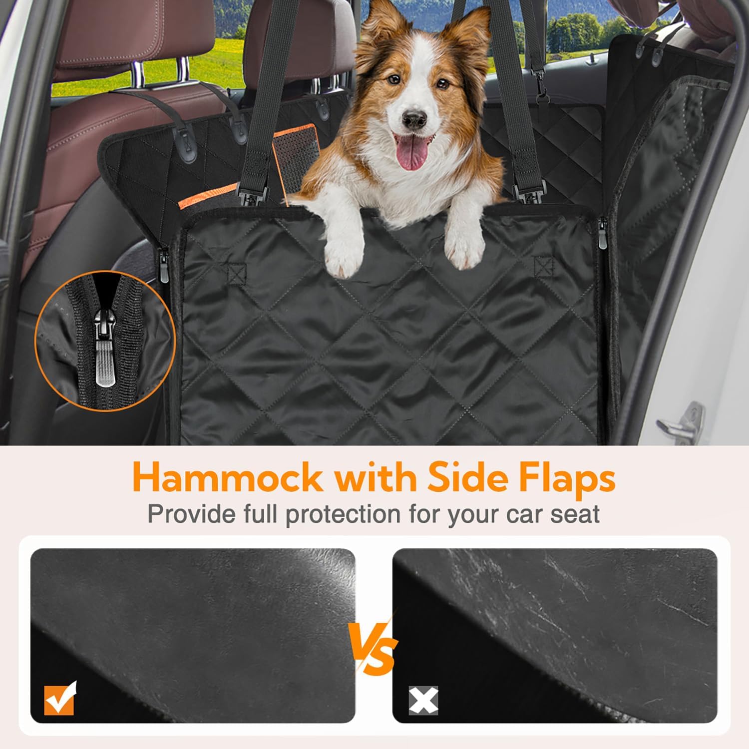 Waterproof dog car seat cover showing full vehicle interior protection
