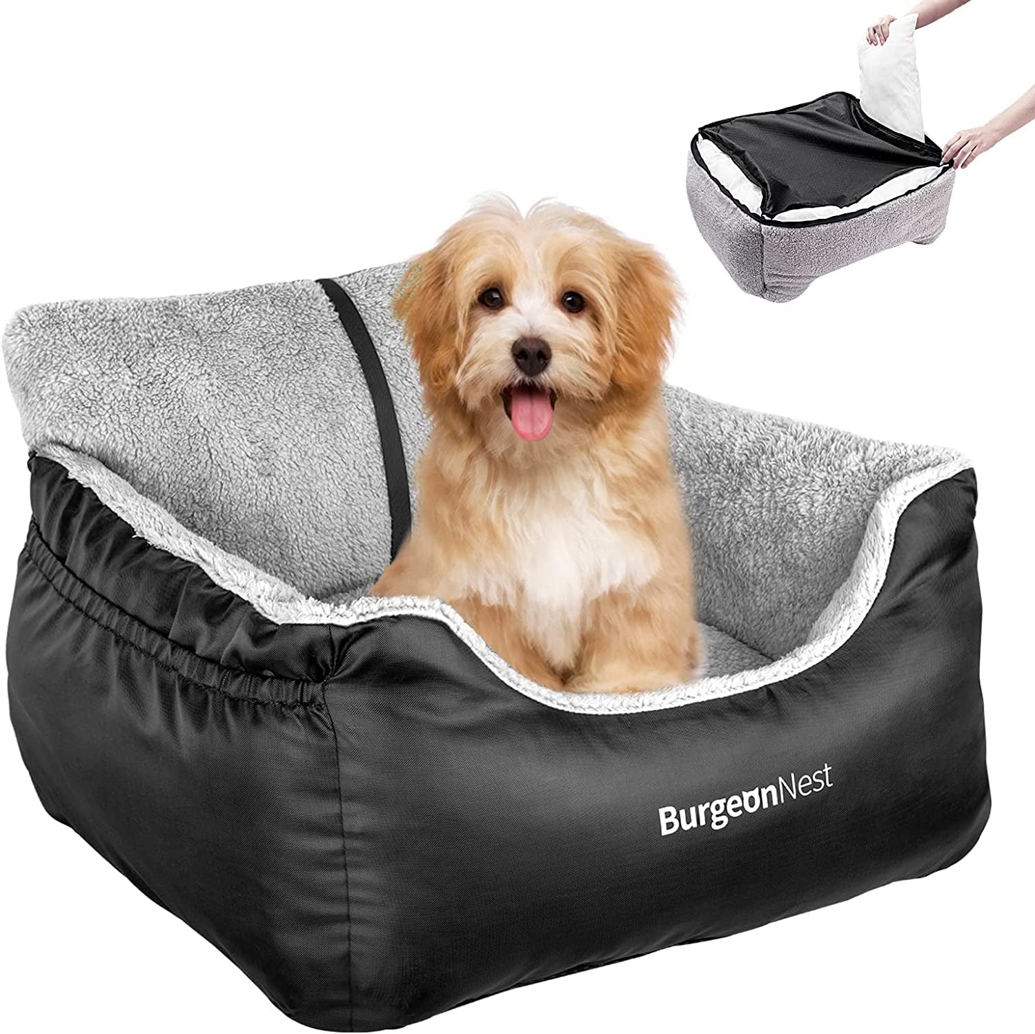 Black dog car seat booster for small dogs under 25 pounds with storage pockets, clip-on leash, and washable design shown ready for safe pet travel