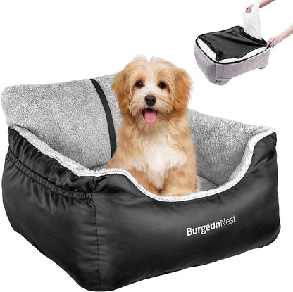 Black dog car seat booster for small dogs under 25 pounds with storage pockets, clip-on leash, and washable design shown ready for safe pet travel
